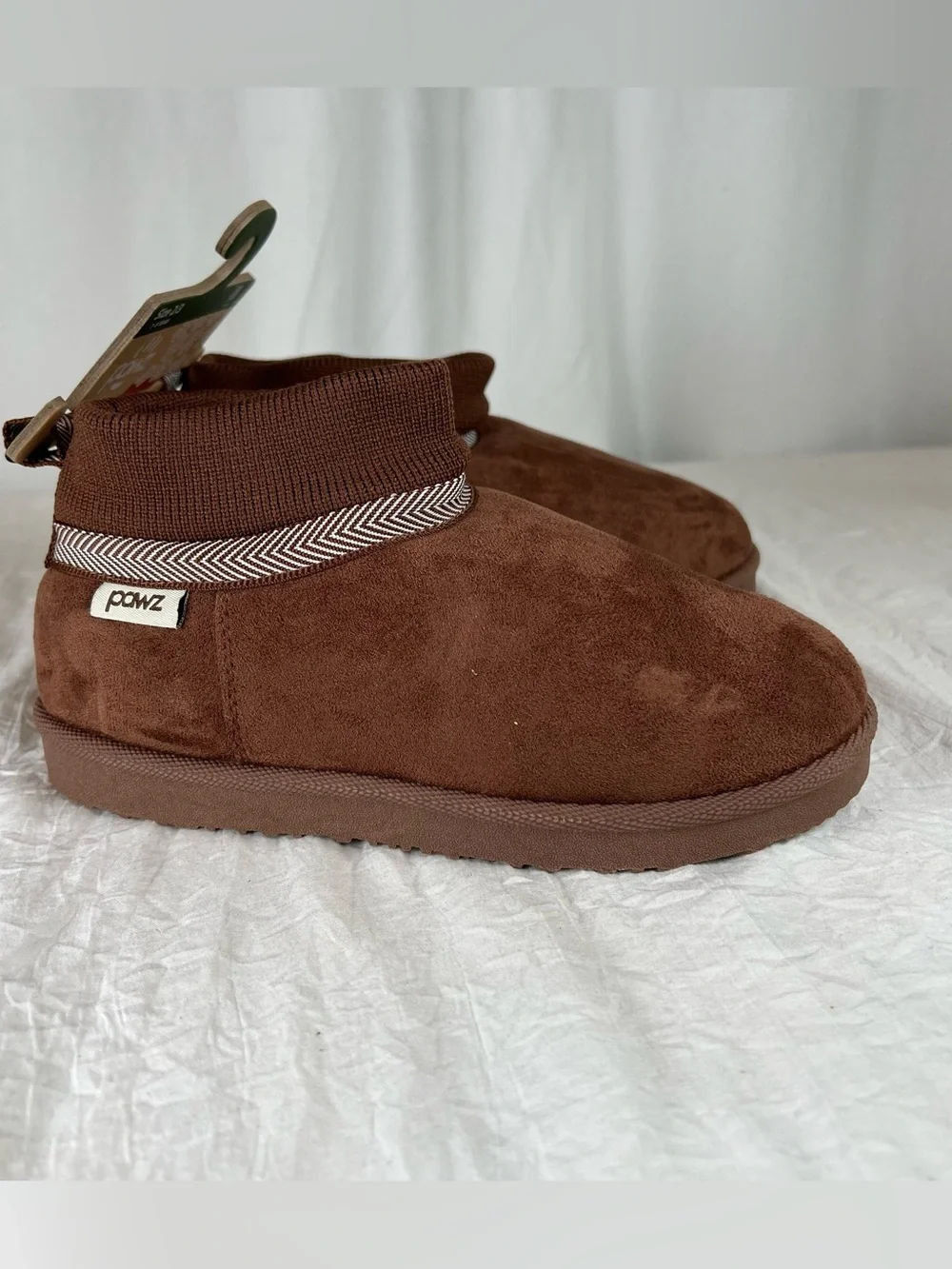 PAWZ Youth sz2 Chocolate Brown Suede-Look Slip-On Ankle Bootie Slippers Cozy NEW